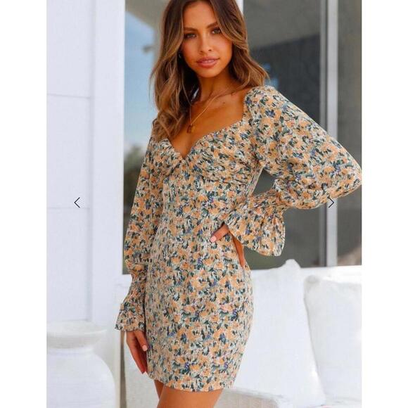 Hello Molly Love First Bell Sleeve Mini Dress in Orange/Sage Floral size Small​ - Picture 14 of 15